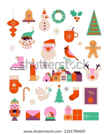 Merry Christmas cute modern minimalist style elements, illustrations collection. Santa, Christmas decorations, Christmas tree, Gift boxes and more. Vector design