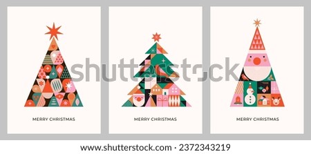 Christmas trees in modern minimalist geometric style. Story templates, posters, cards. Colorful illustration in flat cartoon style. Xmas trees with geometrical patterns, stars and abstract vector