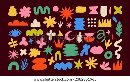 Hand drawn naive, bizarre abstract geometric shapes and forms. Modern contemporary figures, various organic shapes and doodle objects and graphic elements. Vector illustrations collection