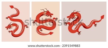 Red Dragon illustrations collection. Chinese new year 2024 year of the dragon - red traditional Chinese vector designs with dragons. Lunar new year concept, modern design
