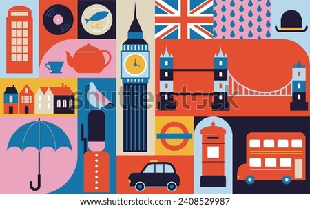 London, Uk, England geometrical banner design. Colorful modular illustration with London buildings, umbrella, red bus, cab, telephone and more. Learn English concept design. Vector elements