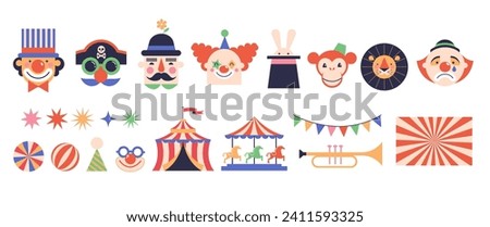 Circus, Carnival, Street Festival, Purim Carnival concept illustrations, elements and icons. Cute faces of clowns and animals. Circus background. Geometric retro style design. Vector illustrations