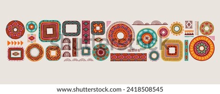 African pattern elements, symbols, icons. Colorful tribal, Aztec, African, Indian hand drawn lines, elements, circles. Concept vector illustrations collection