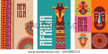 Africa patterned design. African background, banner with tribal traditional grunge pattern, elements, vector concept illustration. Masks, patterns, African symbols and colors