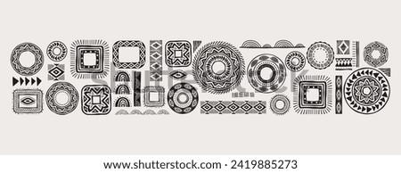 African pattern elements, symbols, icons. Black and white tribal, Aztec, African, Indian hand drawn lines, elements, circles. Concept vector illustrations collection