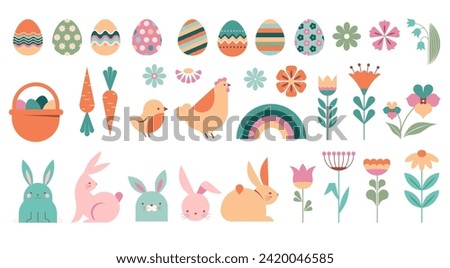 Happy Easter collection of illustrations, icons, symbols and graphic elements. Pastel color set with bunnies, flowers, eggs and basket, Easter card, banner design. Vector illustration