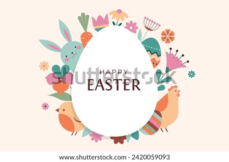 Happy Easter floral background, Easter egg card, framed banner design. Vector illustration