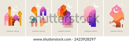 Collection of modern style Ramadan Mubarak colorful designs. Greeting cards, backgrounds. Windows and arches with moon, mosque dome and lanterns .Vector illustration