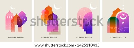 Collection of modern style Ramadan Mubarak colorful designs. Greeting cards, backgrounds. Windows and arches with moon, mosque dome and lanterns .Vector illustration