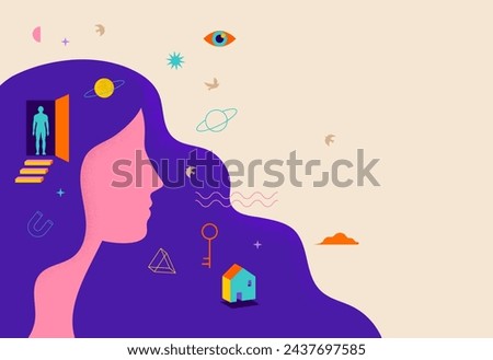 Surreal, Psychology, Dream, Mental Health concept illustration. Woman's head with surreal elements. Brain, neuroscience and creative mind poster, cover. Contemporary art background and shapes. Vector