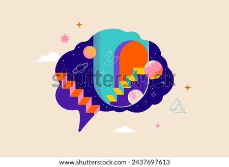 Surreal, Psychology, Dream, Mental Health concept illustration. Brain, neuroscience and creative mind poster, cover. Contemporary art background and shapes. Vector illustration