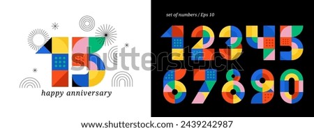 Anniversary concept design. Modern geometric style. Fireworks and celebration colorful background, set of numbers. Vector illustration