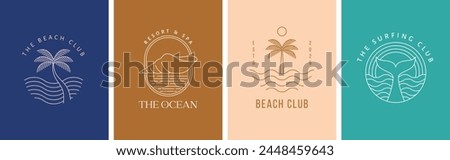 Bohemian linear logos, icons and symbols, sea, ocean, beach and surfing. Sun, seashell and palm design templates, geometric abstract design elements for decoration. Vector illustration