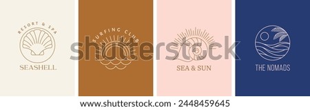 Bohemian linear logos, icons and symbols, sea, ocean, beach and surfing. Sun, seashell and palm design templates, geometric abstract design elements for decoration. Vector illustration