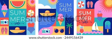 Colorful Geometric Summer and Travel Background, story templates, cards, posters, banners. Summer time fun concept design promotion design and vector illustration