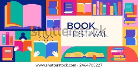 Book festival, books sale, back to school concept design. Colorful geometrical style vector design and illustrations