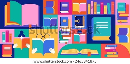 Book festival, books sale, back to school concept design. Colorful geometrical style vector design and illustrations