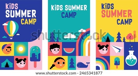 Kids Summer Camp concept design. Geometrical style colorful illustrations, icons. Banner, flyer, poster and social media template. Vector illustration