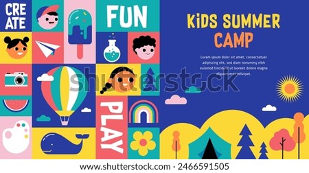 Kids Summer Camp concept design. Geometrical style colorful illustrations, icons. Banner, flyer, poster and social media template. Vector illustration