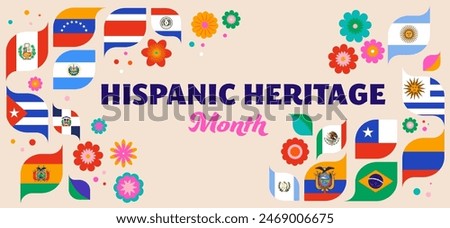 National hispanic heritage month celebration. Background, banner and card with national flags and flowers. Colorful concept design floral pattern. Vector illustration