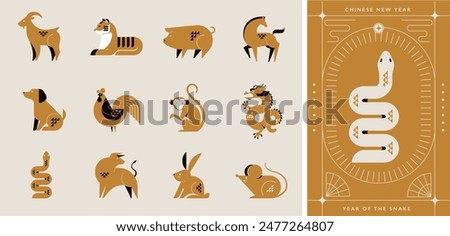 Golden Chinese horoscope zodiac collection, geometric minimalist style. Animals symbols of Chinese New year . Set of mascots: rabbit, dragon, snake, tiger, ox, rat, pig, dog, rooster, monkey, goat