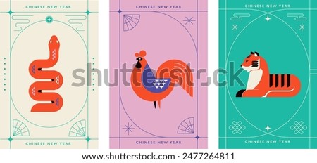 Chinese horoscope zodiac collection, geometric minimalist style. Animals symbols of Chinese New year . Set of mascots: rabbit, dragon, snake, tiger, ox, rat, pig, dog, rooster, monkey, goat, horse