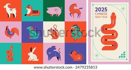 Chinese horoscope zodiac collection, geometric minimalist style. Animals symbols of Chinese New year . Set of mascots: rabbit, dragon, snake, tiger, ox, rat, pig, dog, rooster, monkey, goat, horse