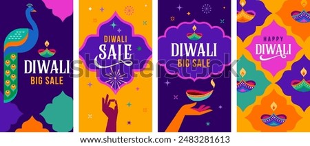 Diwali festival poster, Diwali Sale banner, Diwali background design with lights, peacock, lanterns, candles and flowers. Vector illustration