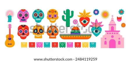 Day of the Dead, Dia de los Muertos, Collection of elements, icons for Mexican holiday. Vector poster, banner and card in modern geometrical style, with skulls, church, guitar and flowers. Vector