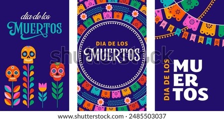 Day of the Dead, Dia de los Muertos, Mexican holiday. Poster, banner and card in modern geometrical style, with skulls, church, guitar and flowers. Vector illustration