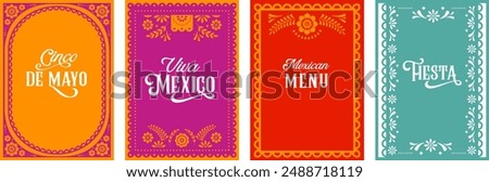 Mexican Fiesta, Mexican Menu restaurant, Cinco de Mayo invitation. Collection of vector cards design. Colorful printable illustrations