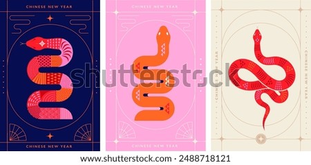 Chinese new year 2025 year of the Snake. Red Snake vertical design, cards, story templates and envelope design. Lunar new year concept, geometric modern vector design