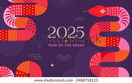 Chinese new year 2025 year of the Snake. Red Snake illustration and design. Red traditional Chinese vector designs with snakes. Lunar new year concept, geometric modern vector design