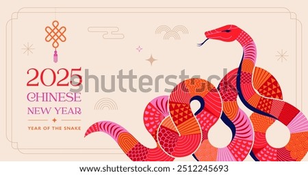 Chinese new year 2025 year of the Snake. Red Snake illustration and design. Red traditional Chinese vector designs with snakes. Lunar new year concept, geometric modern vector design