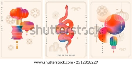 Chinese new year 2025 year of the Snake. Red Snake illustrations, vertical design, cards, banners. Red traditional Chinese vector designs with snakes. Lunar new year concept, geometric modern vector