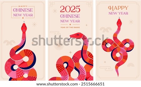 Chinese new year 2025 year of the Snake. Red Snake illustrations, vertical design, cards, banners. Red traditional Chinese vector designs with snakes. Lunar new year concept, geometric modern vector