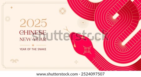 Chinese new year 2025 year of the Snake. Abstract background. Linear geometric red Snake illustration. Traditional Chinese vector design. Lunar new year concept