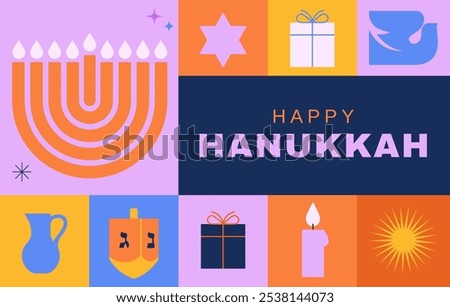 Happy Hanukkah banner, background, poster. Modern design for traditional holiday. Menorah, dove, candles and dreidel illustrations. Vector design