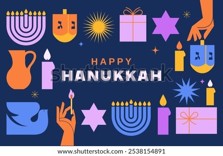 Happy Hanukkah banner, background, poster. Modern design for traditional holiday. Menorah, dove, candles and dreidel illustrations. Vector design