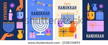 Happy Hanukkah banner, vertical cards, background, posters set. Modern vector design for traditional holiday. Menorah, dove, candles and dreidel illustrations. 