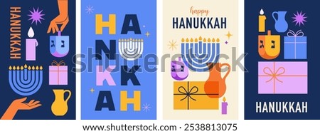 Happy Hanukkah banner, vertical cards, background, posters set. Modern vector design for traditional holiday. Menorah, dove, candles and dreidel illustrations. 