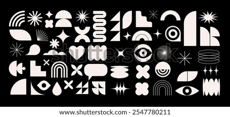 Collection of Brutalist abstract geometric shapes and elements. Modern, minimalist contemporary black and white primitive geometric shapes and elements. Vector concept design