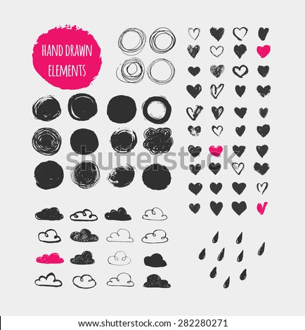 Hand drawn shapes, icons, elements and hearts