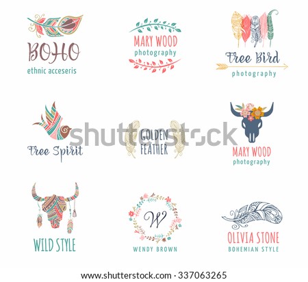 Bohemian, Boho, tribal, ethnic icon set with feather, bird and wreath