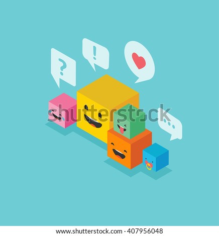 Isometric family square emoticons colorful emoji with communication speech bubbles