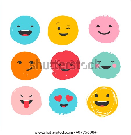 Hand drawn emoticons, colorful emoji icons with communication speech bubbles
