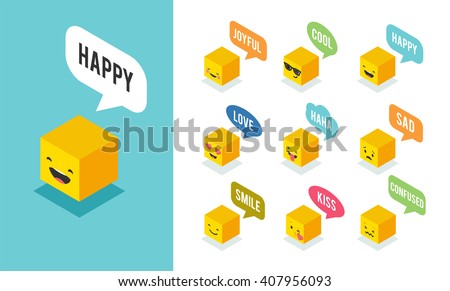 Isometric emoticons, emoji square colorful icons with communication speech bubbles