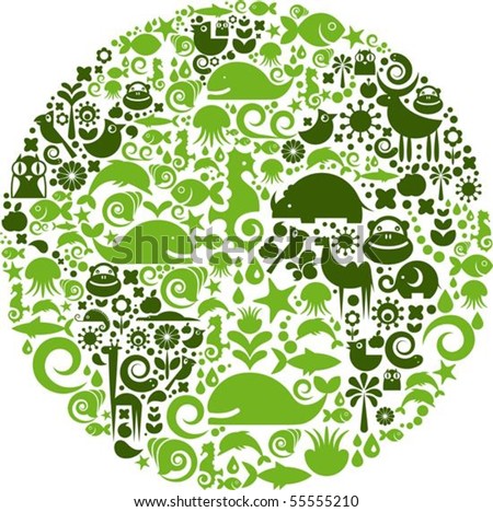 Green globe outline made from birds, animals and flowers icons