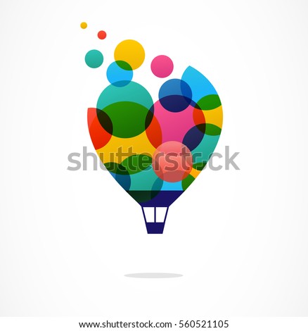 Creative, digital abstract and children style colorful icon of hot air balloon with colorful happy icons, symbols