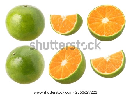 Image, Stock Photo ripe tangerines and green leaves on a purple background